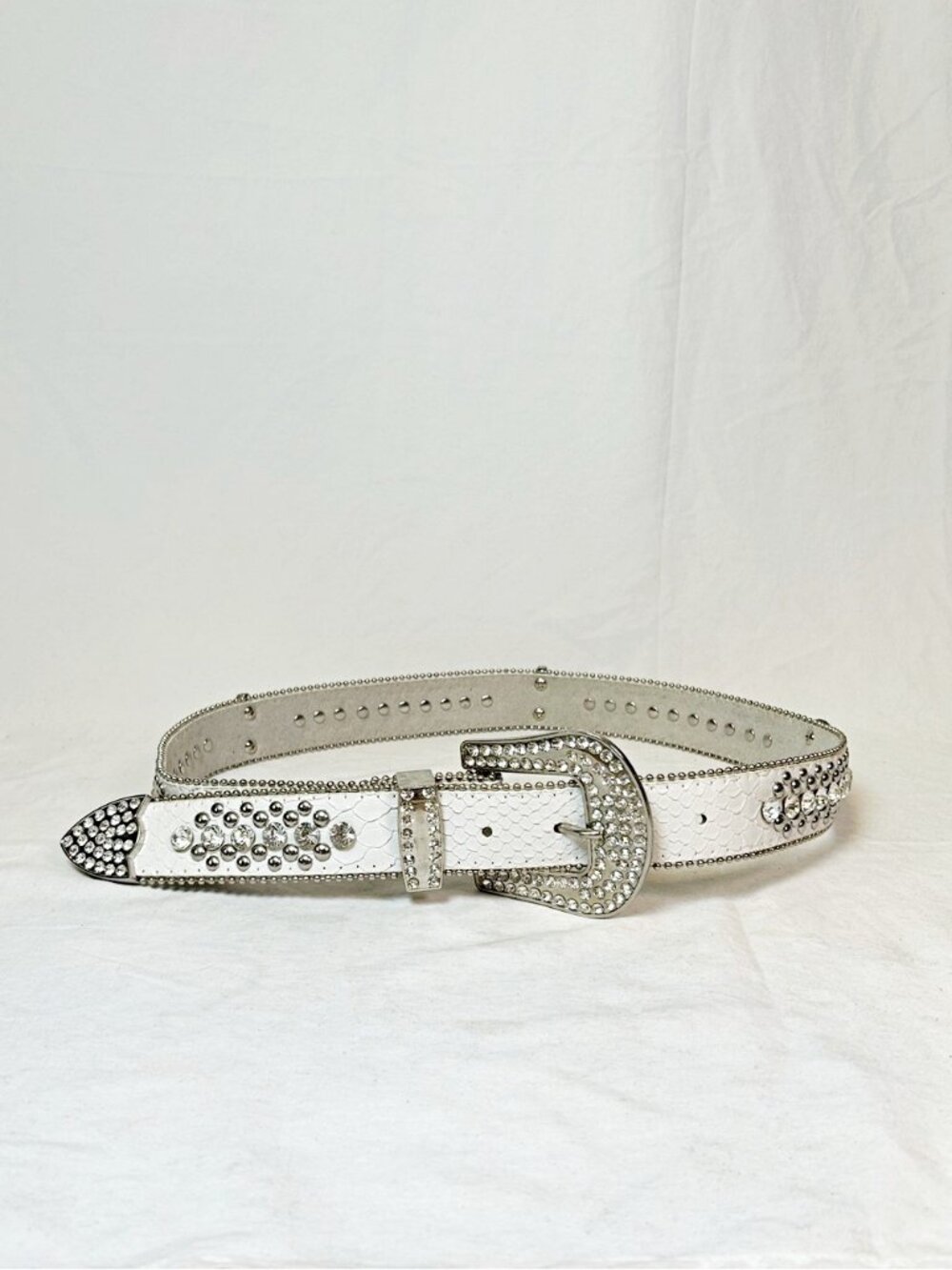 White Faux Snakeskin Leather Rhinestone Fleur de Lis Cowgirl Western Belt~L~
